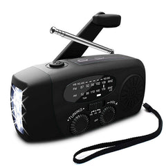 Noodradio met handslinger, zonnepaneel en zaklamp