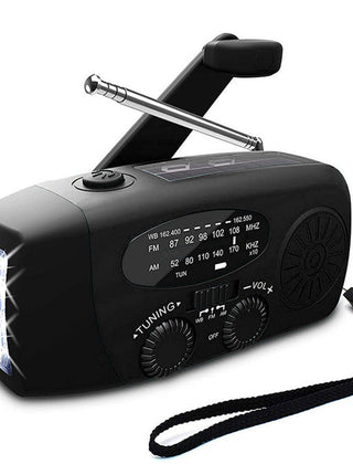 Noodradio met handslinger, zonnepaneel en zaklamp