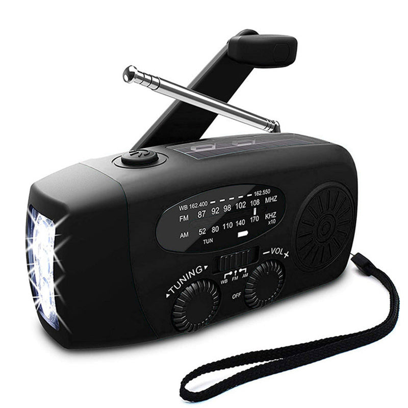 Noodradio met handslinger, zonnepaneel en zaklamp