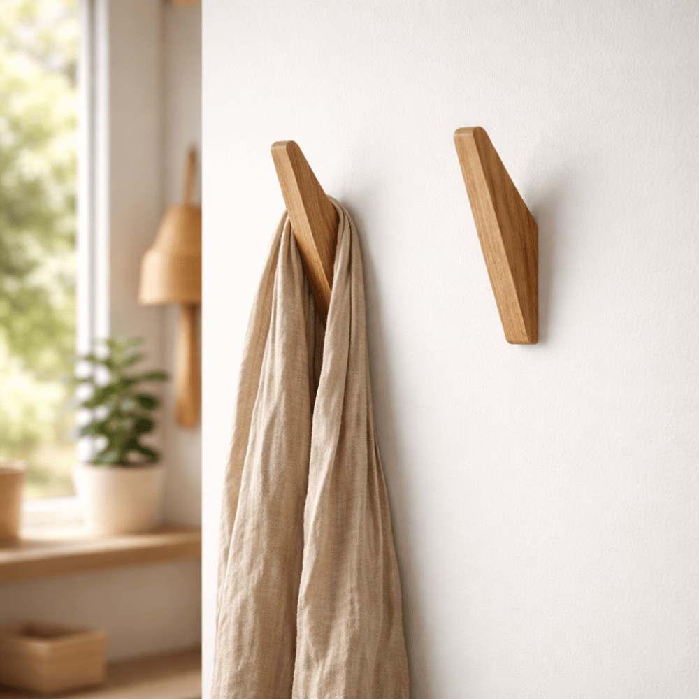 Tweekleurige houten wandhaken naast elkaar aan de muur