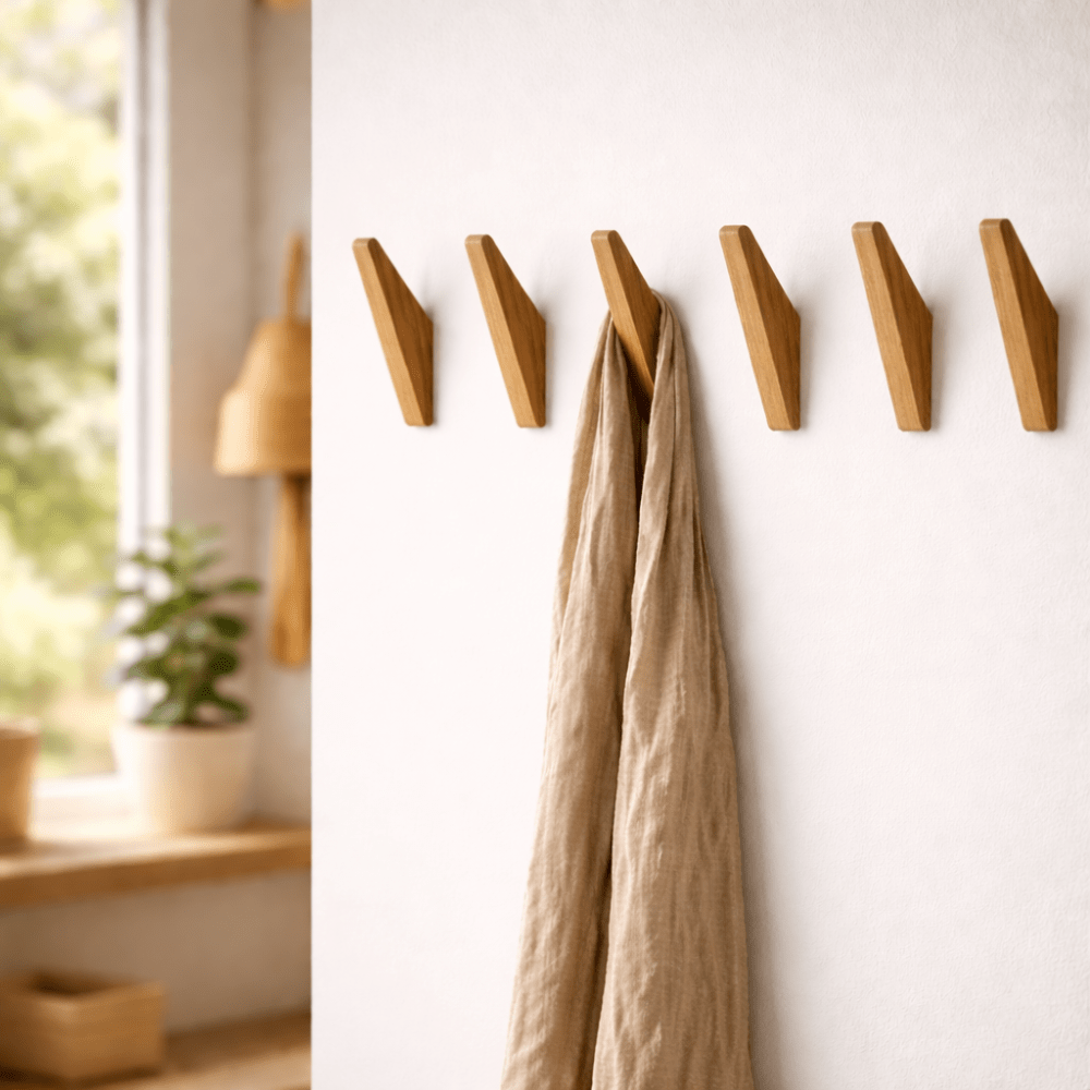 Tweekleurige houten wandhaken naast elkaar aan de muur