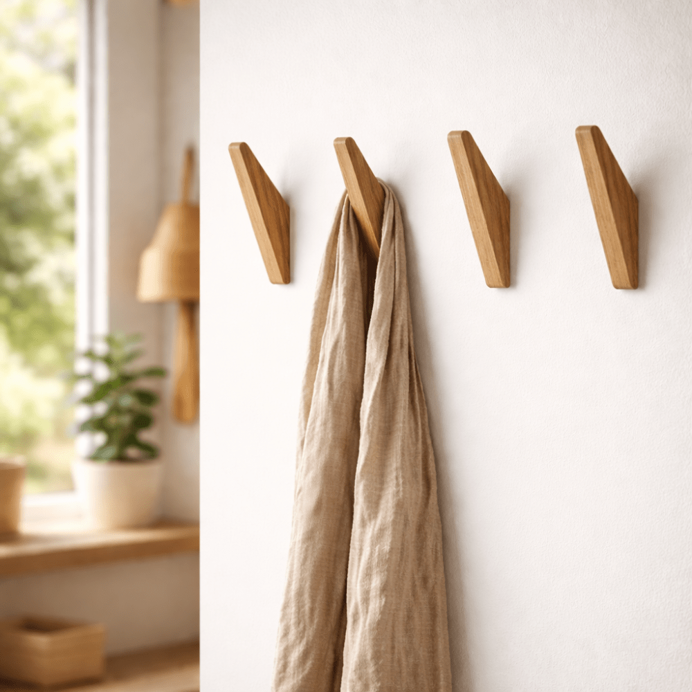 Tweekleurige houten wandhaken naast elkaar aan de muur