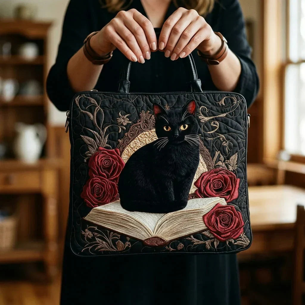 Gewatteerde shopper tas met print van een zwarte kat op een stapel boeken