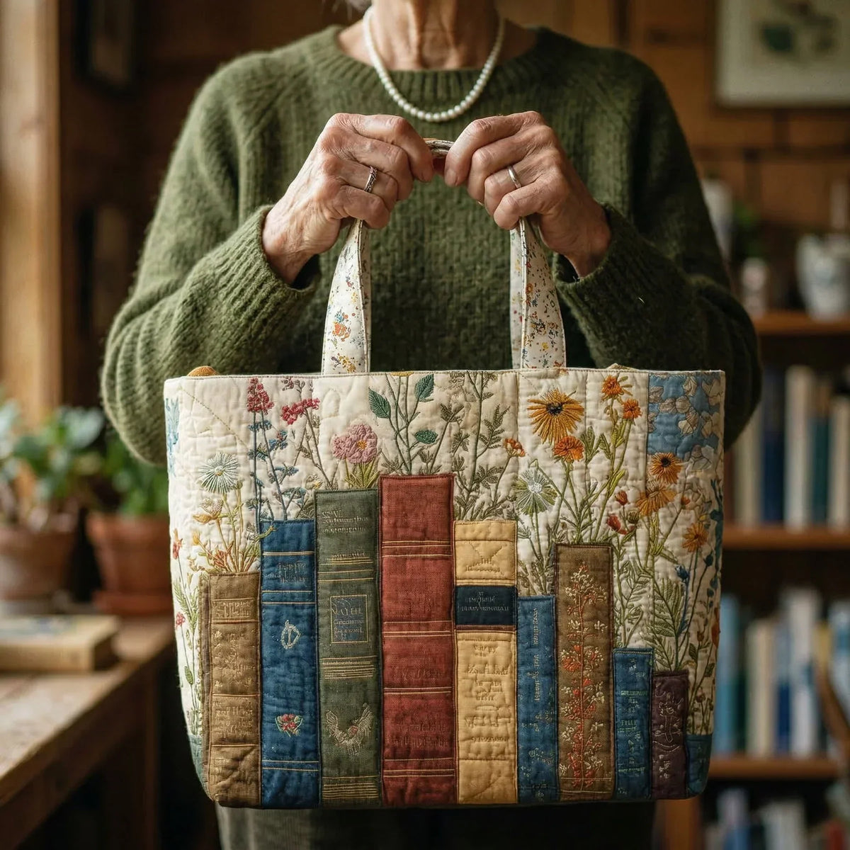 Gewatteerde shopper tas met boeken en bloemen
