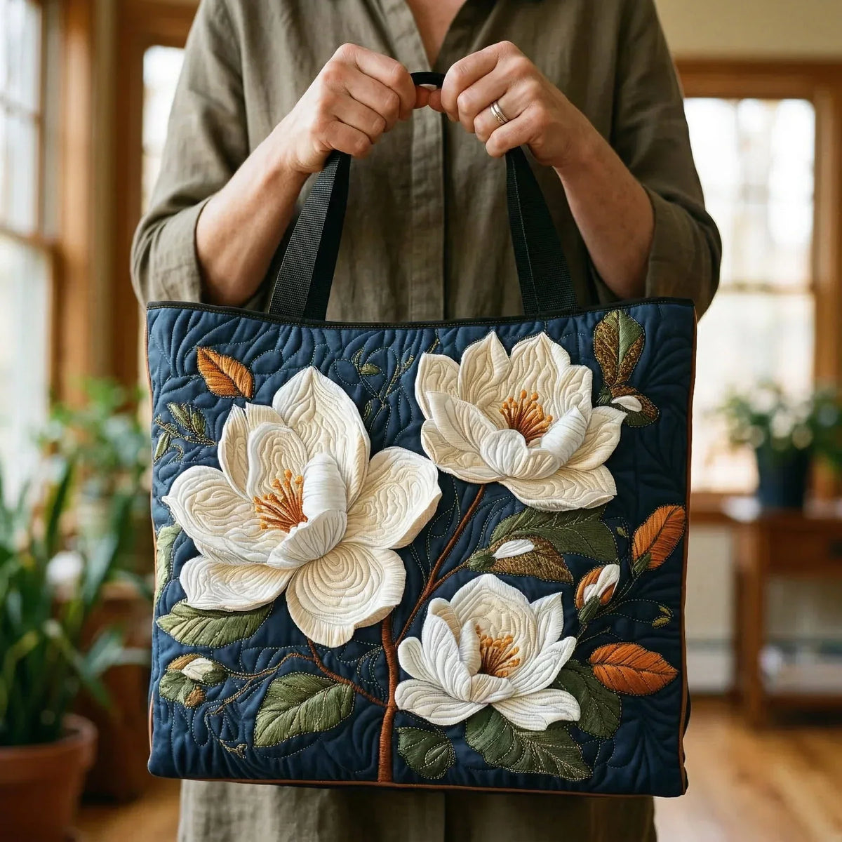 Gewatteerde shopper tas met magnoliaprint