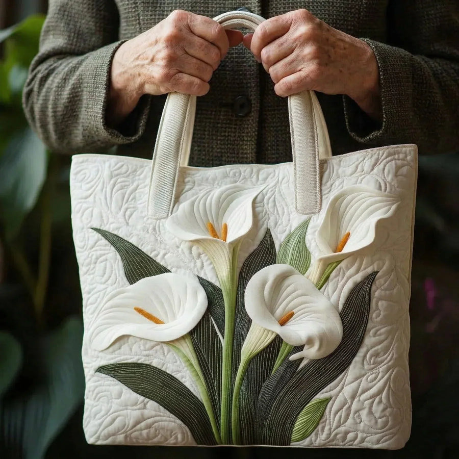 Gewatteerde shopper tas met print van witte aronskelken