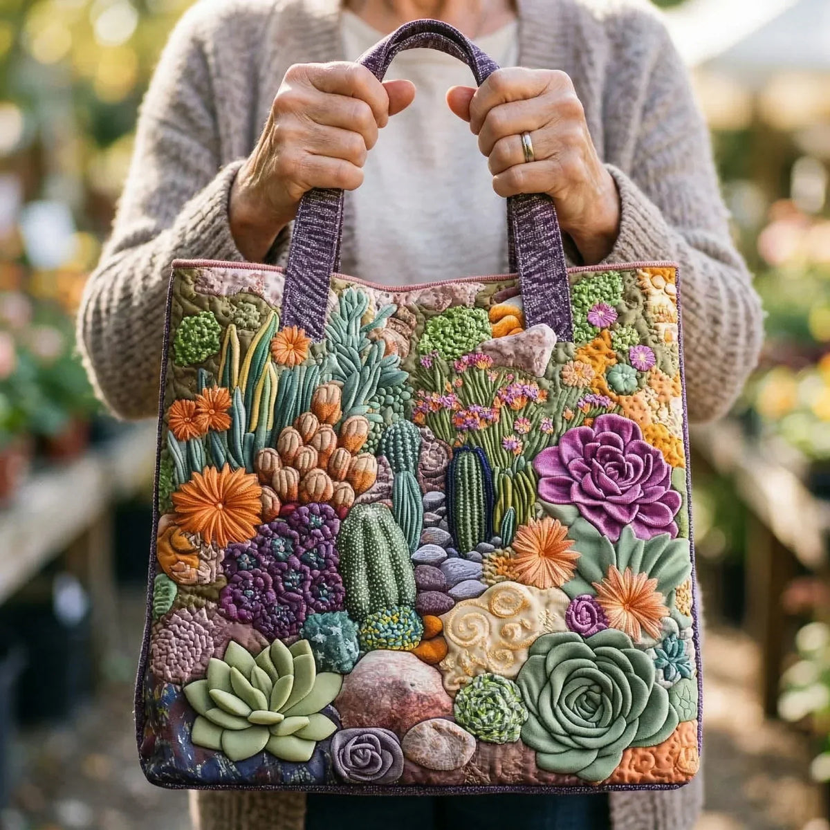 Gewatteerde shopper tas met print van een vetplantentuin