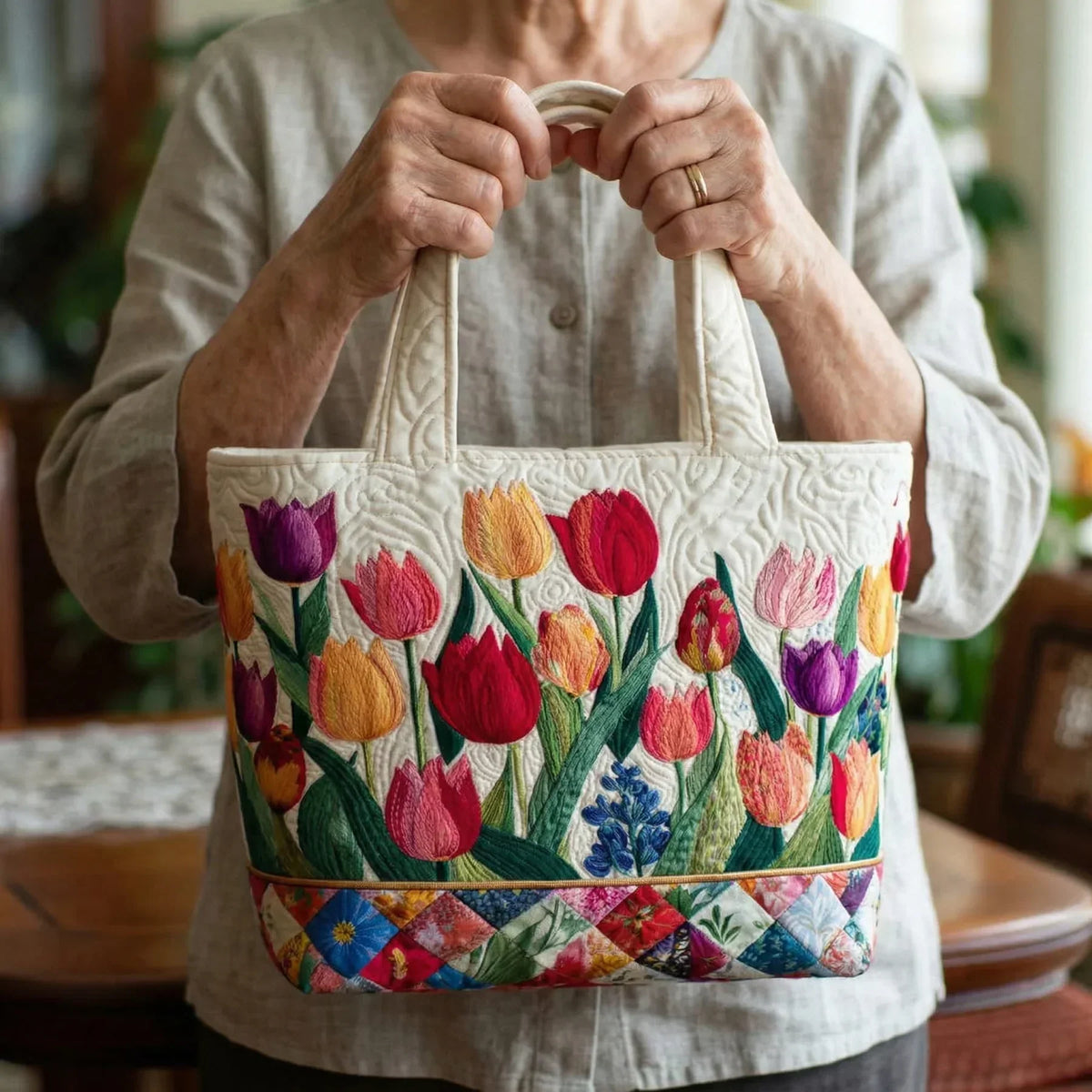 Gewatteerde shopper tas met print van een tulpentuin