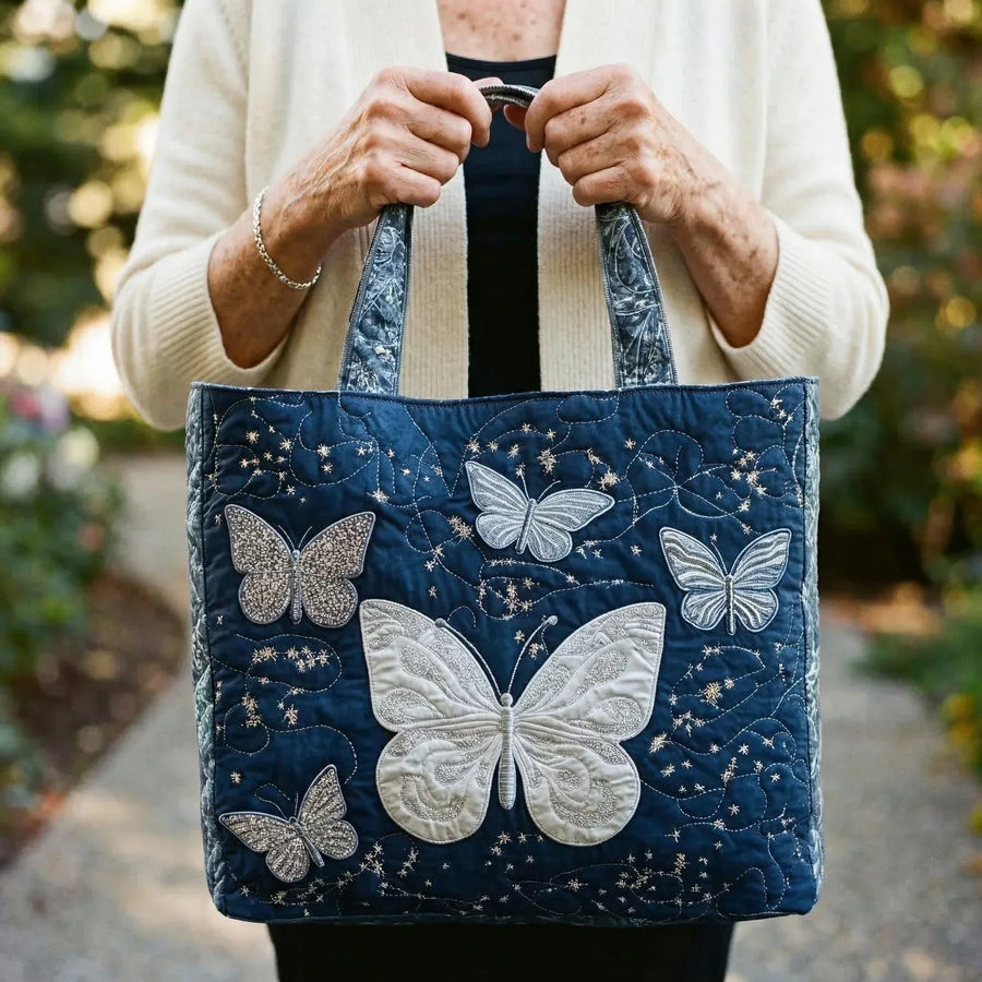 Gewatteerde shopper tas met print van een zilveren vlinder