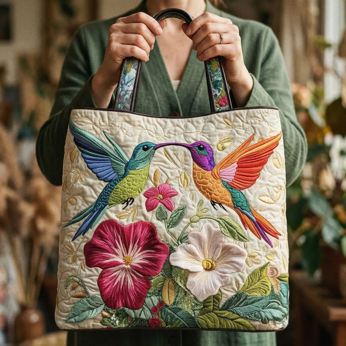 Gewatteerde shopper tas met print van een kolibrie tussen witte bloemen