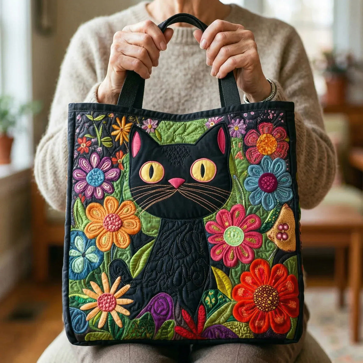 Gewatteerde shopper tas met print van een zwarte kat