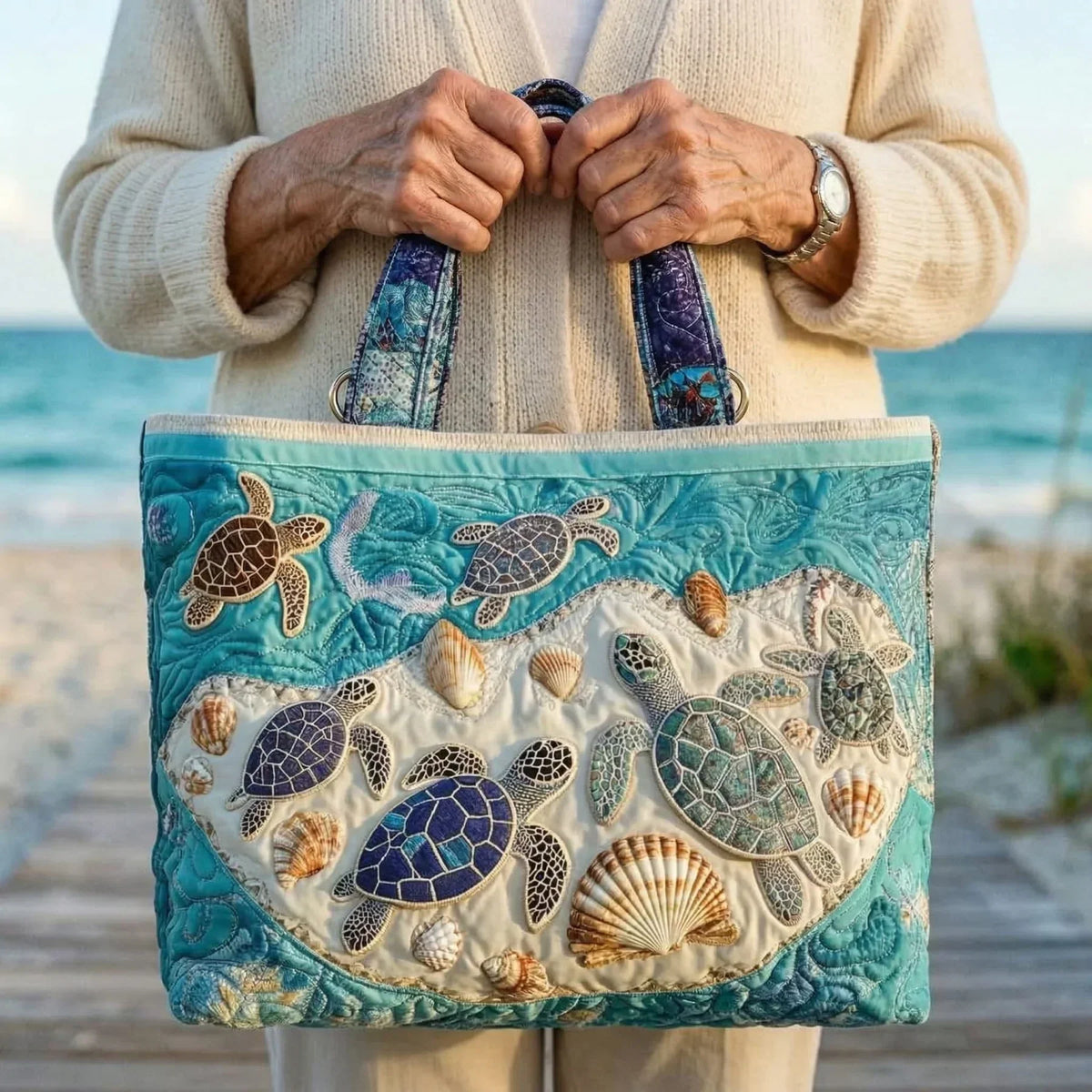 Gewatteerde shopper tas met print van verliefde schildpadden