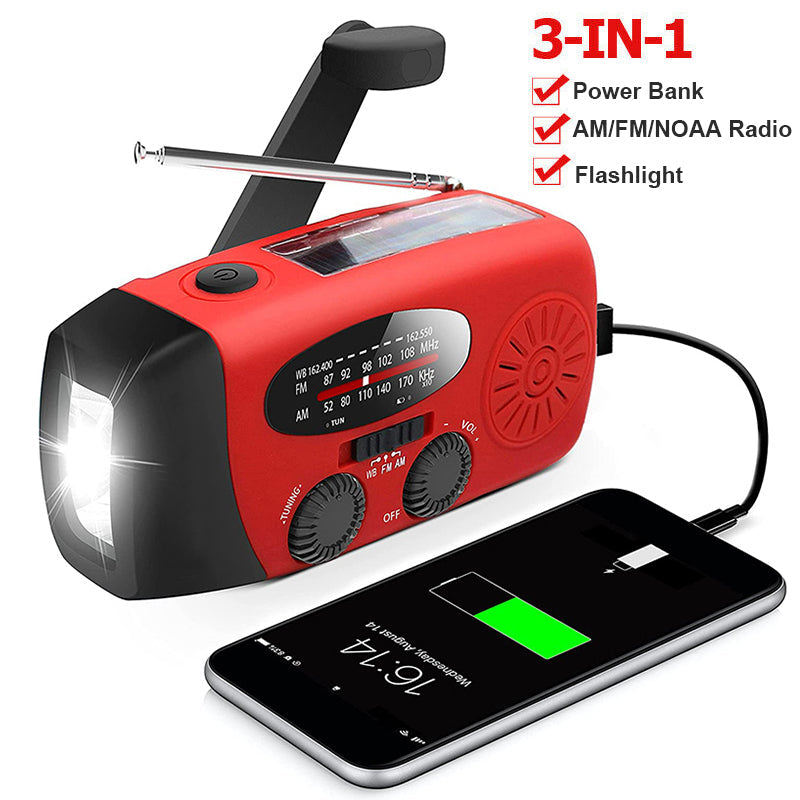 Noodradio met handslinger, zonnepaneel en zaklamp