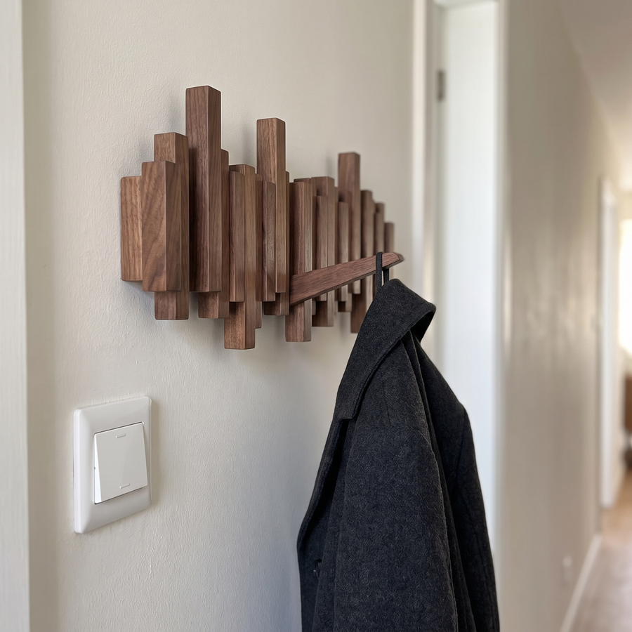 Smalle houten kapstok in een gang met plat geklapte haken