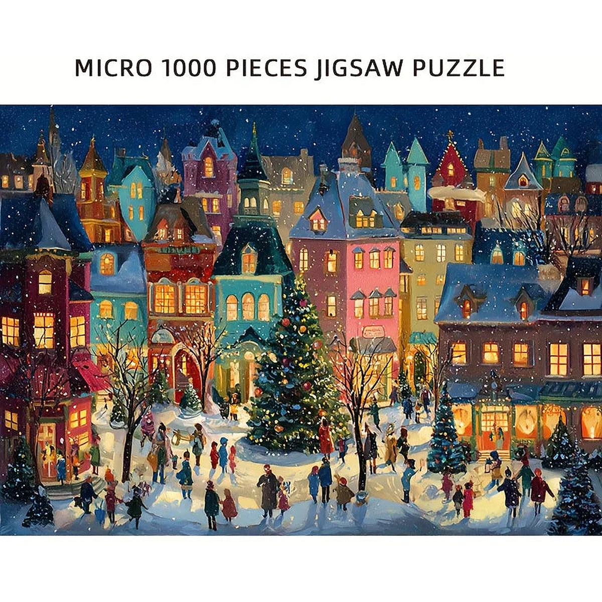 Kerstpuzzel 1000 Stukjes - Besneeuwde Winterstraat met Lichtjes