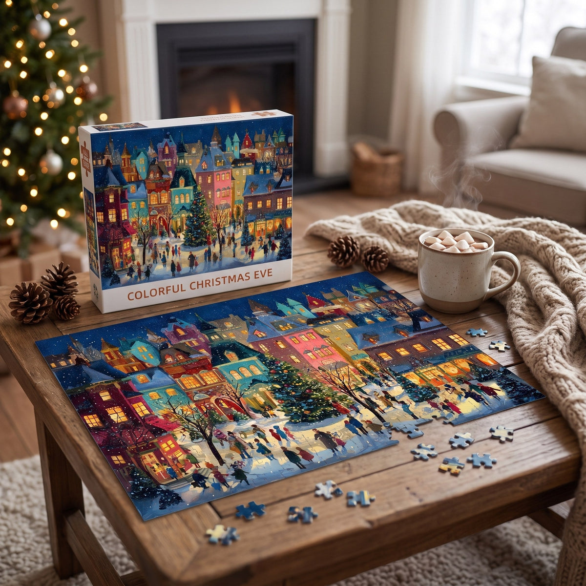Kerstpuzzel 1000 Stukjes - Besneeuwde Winterstraat met Lichtjes