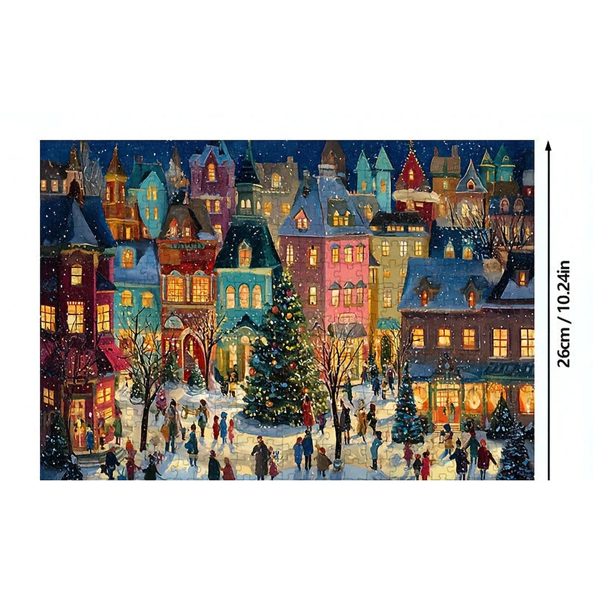 Kerstpuzzel 1000 Stukjes - Besneeuwde Winterstraat met Lichtjes