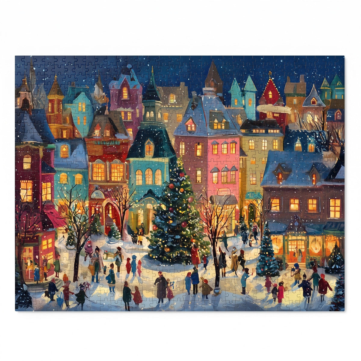 Kerstpuzzel 1000 Stukjes - Besneeuwde Winterstraat met Lichtjes