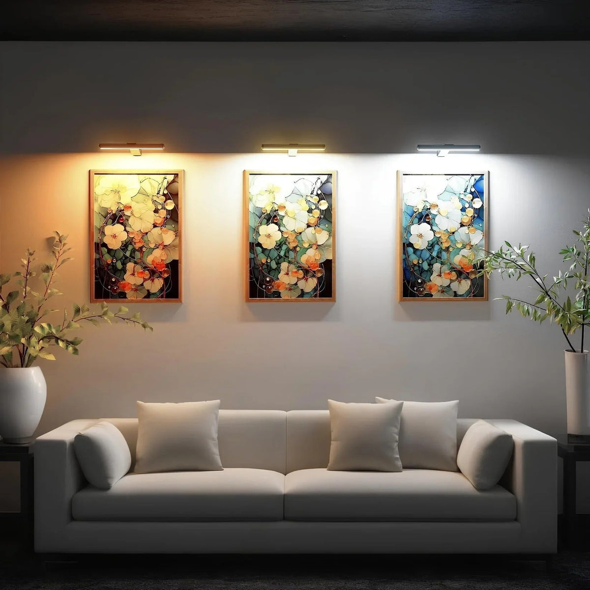 Draadloze LED-schilderijlamp boven een schilderij aan de muur