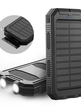 Powerbank met zonnepaneel, haak en twee USB-poorten