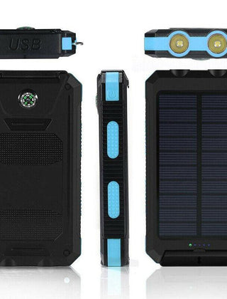 Powerbank met zonnepaneel, haak en twee USB-poorten