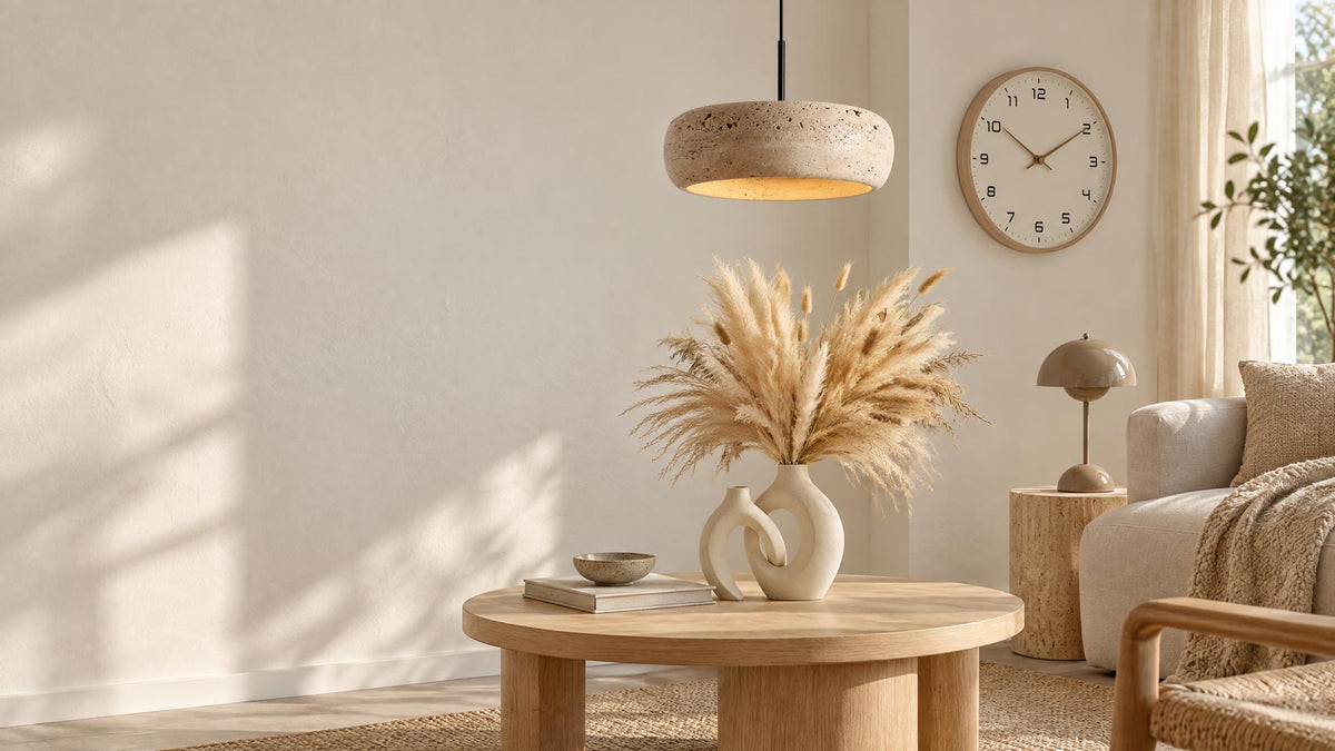 Lichte woonkamer met travertijn hanglamp, dubbele vaas met pampasgras en houten wandklok