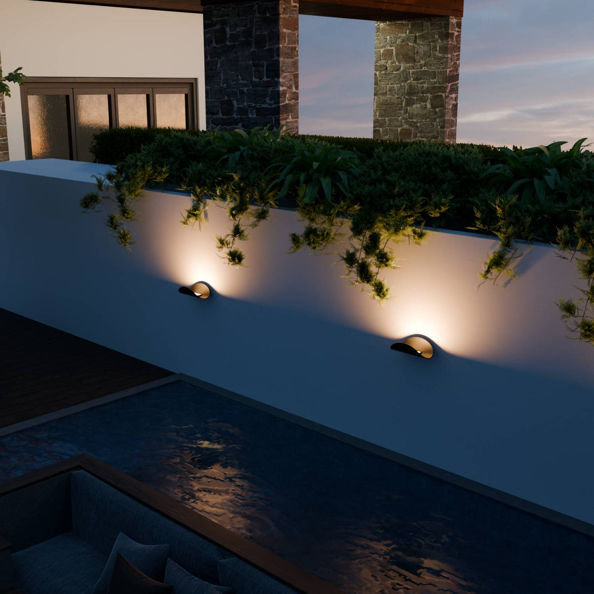 Halfronde led wandlamp met warm licht omhoog langs de muur