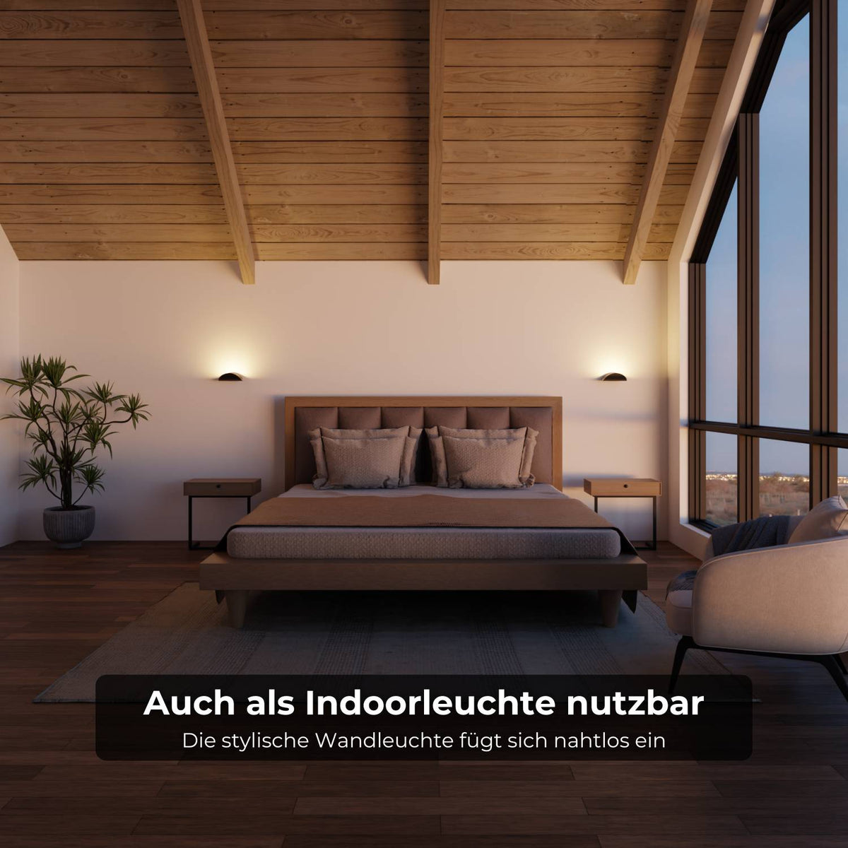 Halfronde led wandlamp met warm licht omhoog langs de muur